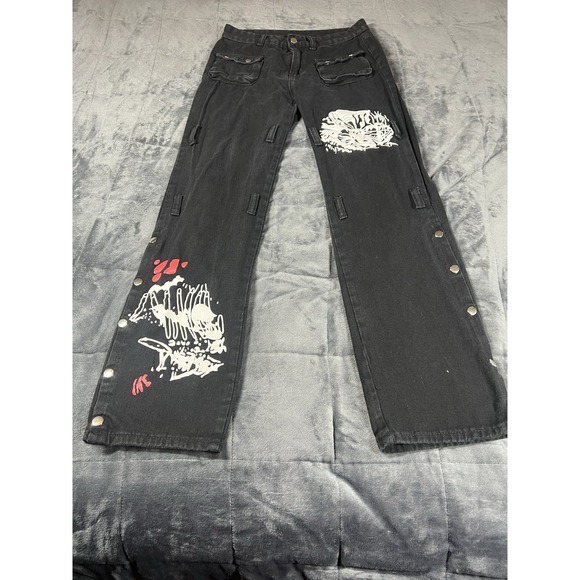 Denim - SLP Jeans Womens Black Dark Street Print Gothic Punk Metal Distressed Pant Sz M